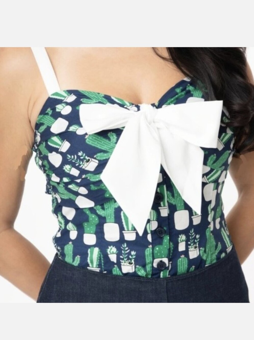 Unique Vintage Navy Cactus Print Sweetheart Top with White Bow